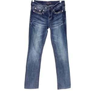 Shyanne Straight Jeans 26 Blue Low Rise Stretch Rhinestone Embroidery Hemmed